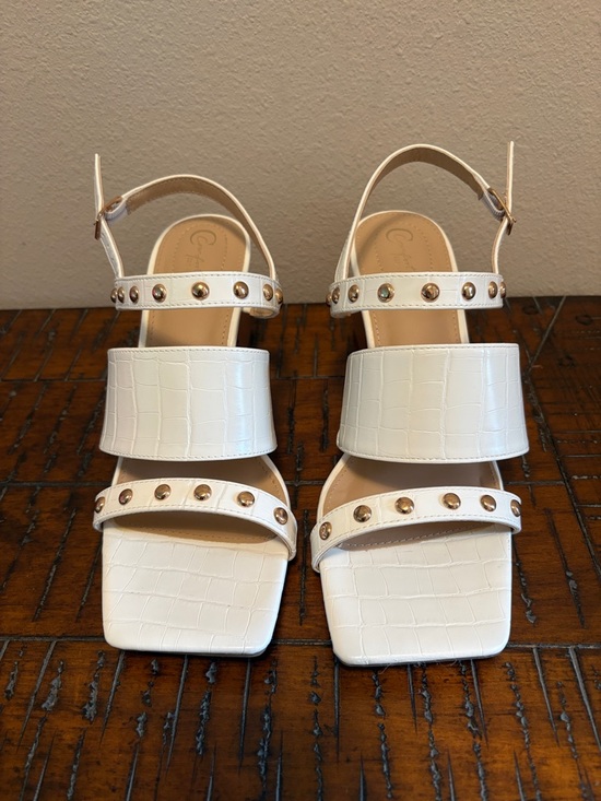 Cato Shoes - Cato White Croc-Embossed Studded Block Heel Sandals